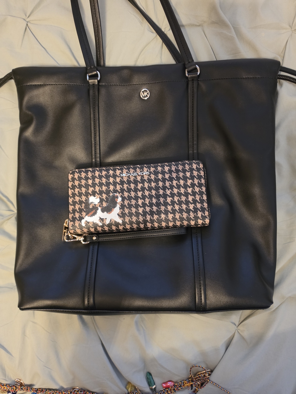 Michael Kors Black Tote with Pink & Black Houndstooth Wallet